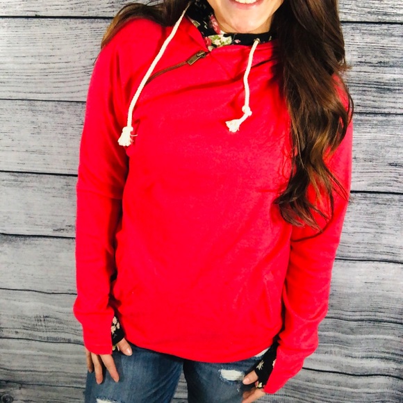 Tops - Ampersand red floral double hood hoodie